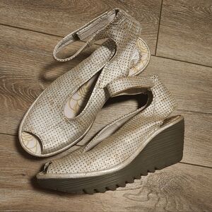 Fly London Yala Metallic Pearl Gold Peep-Toe Wedge Sandals